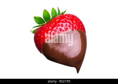 Fondue strawberry in hot black chocolate  isolated on white background Stock Photo