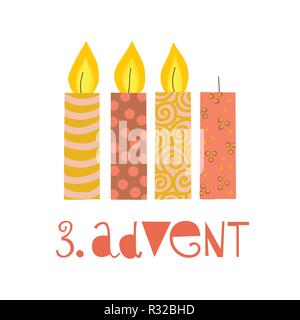 Three burning advent candles vector illustration. Third sunday in advent. 3. Advent german text. Flat Holiday design with candles on white background. Stock Vector
