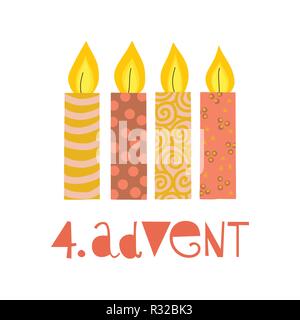 Four burning advent candles vector illustration. Fourth sunday in advent. 4. Advent german text. Flat Holiday design with candles on white background. Stock Vector