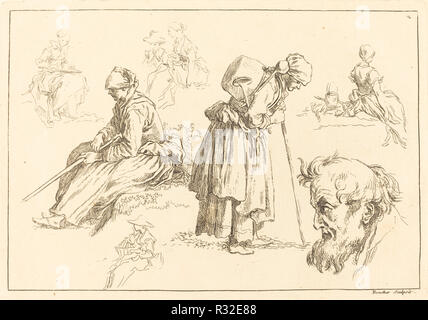 Figure Studies including Woman with a Kettle. Dated: published 1735. Dimensions: plate: 14.9 x 21.5 cm (5 7/8 x 8 7/16 in.)  sheet: 22.8 x 34.5 cm (9 x 13 9/16 in.). Medium: etching on laid paper. Museum: National Gallery of Art, Washington DC. Author: François Boucher after Abraham Bloemaert. Francois Boucher. after Abraham Bloemaert. Stock Photo