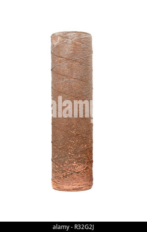 Water filter cartridge used . Brown coloring. Evidence of contamination of tap water with iron cations.Isolated on white background. Stock Photo