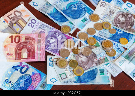 Polish zloty - zl money banknotes & coins with euro banknotes. Official Poland currency in denominations of 10, 20 & 50 zloty bills with groszy coins. Stock Photo