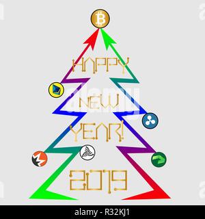 tree from cryptocurrency growth charts with bitcoin and other happy new year Stock Vector