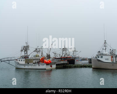 Lobster boats sit in a protected cove at Cape Forchu, Nova Scotia, Canada. Stock Photo