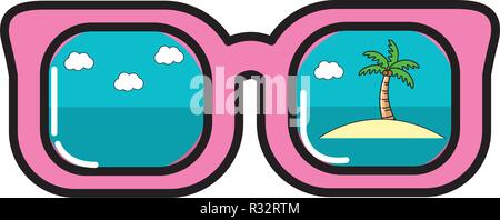 summer sunglasses looking for beach with palm tree cartoon vector illustration graphic design Stock Vector