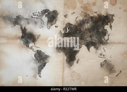 World map shape on Vintage Crumpled paper texture Stock Photo