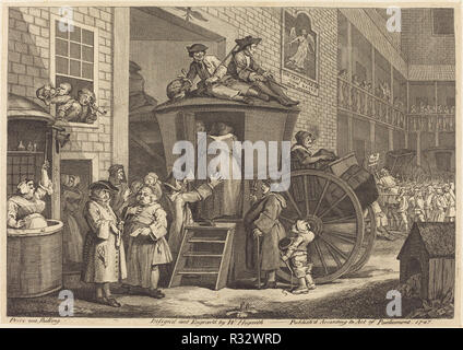 The Stage-coach, or the Country Inn Yard. Dated: 1747. Medium: etching and engraving. Museum: National Gallery of Art, Washington DC. Author: William Hogarth. Stock Photo