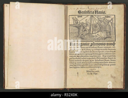 Stultifera navis (Ship of Fools). Dated: 1st August, 1497. Dimensions: book: 21.59 × 16.19 × 3.02 cm (8 1/2 × 6 3/8 × 1 3/16 in.). Medium: bound volume with 117 woodcut illustrations from 112 blocks. Museum: National Gallery of Art, Washington DC. Author: Attributed to Albrecht Dürer and Various Artists, Sebastian Brant (author). Stock Photo