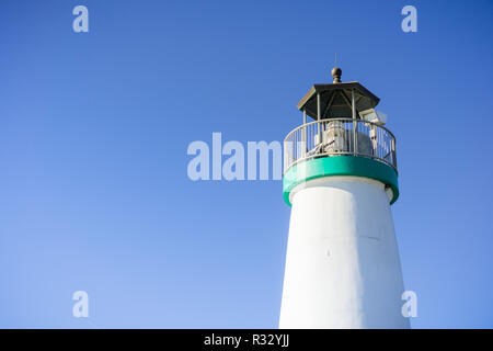 Top of the Santa Cruz Breakwater Lighthouse, Walton Lighthouse, Santa Cruz, California; blue sky background Stock Photo