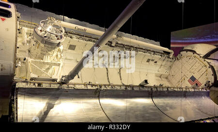 CAPE CANAVERAL, FLORIDA - JUNE 14th: The open cargo bay of the space shuttle Atlantis at the Kennedy Space Center in Cape Canaveral, Florida on June 1 Stock Photo