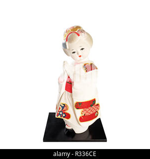 Japanese Traditional Doll Lady in Kimono Isolated on White Background, Clipping Path Stock Photo