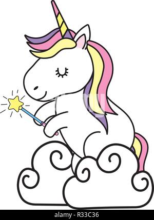 cute magic baby unicorn holding wand over cloud cartoon vector illustration graphic design Stock Vector