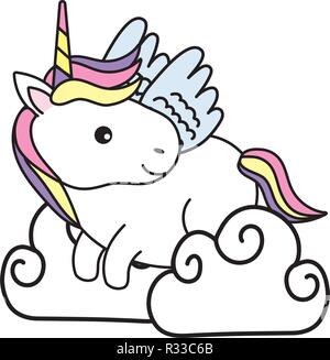 cute magic baby unicorn over cloud cartoon vector illustration graphic design Stock Vector