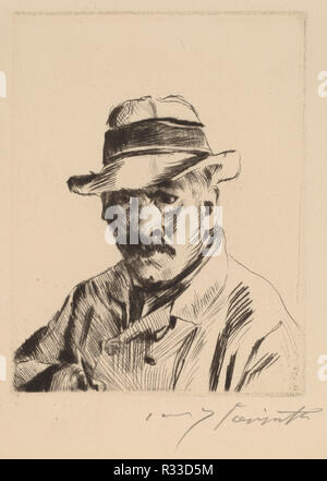 Self-Portrait in a Straw Hat, Bust Length. Dated: 1913. Dimensions: sheet: 42.5 x 34 cm (16 3/4 x 13 3/8 in.)  plate: 15 x 11.5 cm (5 7/8 x 4 1/2 in.). Medium: drypoint. Museum: National Gallery of Art, Washington DC. Author: Lovis Corinth. Stock Photo