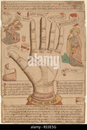 The Hand as the Mirror of Salvation. Dated: 1466. Dimensions: image: 38.5 x 26.5 cm (15 3/16 x 10 7/16 in.)  sheet: 39.1 x 27 cm (15 3/8 x 10 5/8 in.)  overall (exterior frame dimensions): 59.7 x 44.5 cm (23 1/2 x 17 1/2 in.). Medium: woodcut, hand-colored in rose, green, yellow and gray; printed by friction in brown ink. Museum: National Gallery of Art, Washington DC. Author: Netherlandish 15th Century. Stock Photo