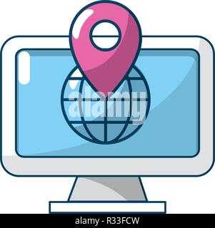 computer screen showing web earth globe icon with gps location cartoon vector illustration graphic design Stock Vector