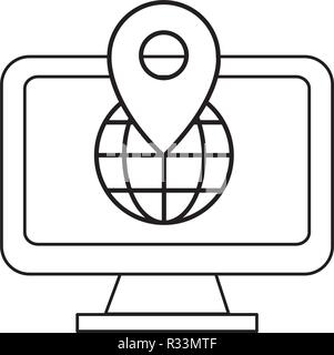 computer screen showing web earth globe icon with gps location cartoon vector illustration graphic design Stock Vector