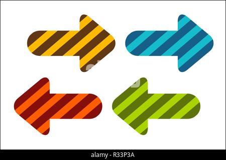 A set of colored arrows showing right and left. New bright striped arrows for your projects. Dinamic isolated on white background. Stock Vector