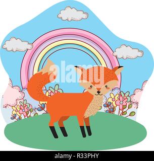 cute animal fox over nature field with beautiful sky and rainbow with flowers cartoon vector illustration graphic design Stock Vector