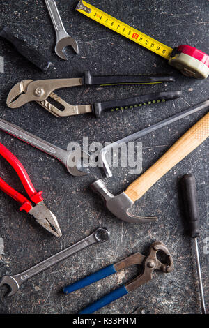 Set of tools. Hand tools for craftsmen on old table. Stock Photo