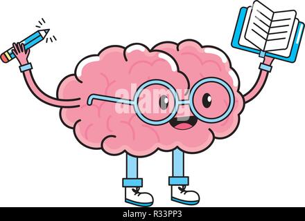 cute brain with notebook and pencil cartoon vector illustration graphic ...