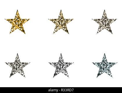 Gold and silver stars. Icons set. Vector illustration. The texture of glitter. Stock Vector