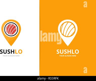 Vector sushi and map pointer logo combination. Japanese food and gps locator symbol or icon. Unique seafood and pin logotype design template. Stock Vector