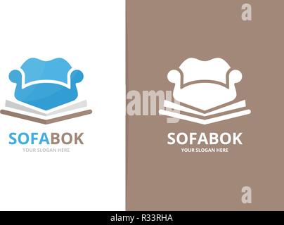 Vector book and sofa logo combination. Couch and market symbol or icon. Unique bookstore, library and armchair logotype design template. Stock Vector