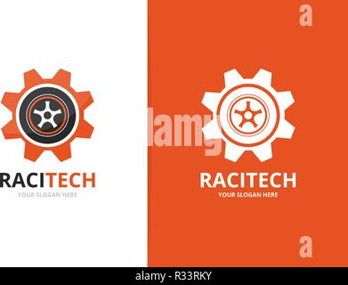 Vector wheel and gear logo combination. Tire and mechanic symbol or icon. Unique car and industrial logotype design template. Stock Vector