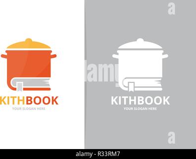 Vector pot and book logo combination. Kitchen and library symbol or icon. Unique pan and bookstore logotype design template. Stock Vector