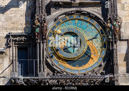'Prazsky orloj', the astronomical clock of Prague's town hall, was built in 1410 by royal clockmaker Mikulas of Kadan Stock Photo