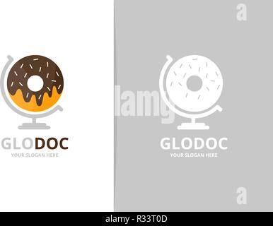 Vector donut and globe logo combination. Doughnut planet symbol or icon. Unique bakery logotype design template. Stock Vector