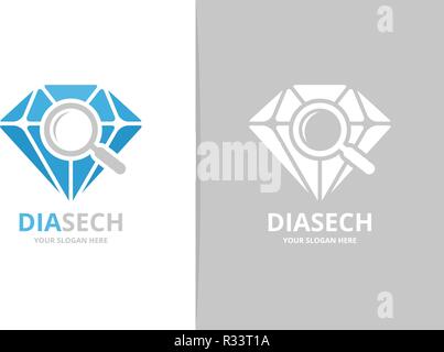 Vector diamond and loupe logo combination. Jewelry and magnifying symbol or icon. Unique gem and search logotype design template. Stock Vector