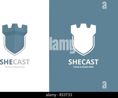 Vector castle and shield logo combination. Tower and security symbol or icon. Unique fortress and guard logotype design template. Stock Vector