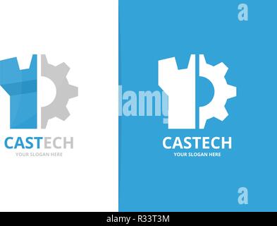 Vector castle and gear logo combination. Tower and mechanic symbol or icon. Unique fortress and industrial logotype design template. Stock Vector