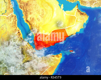 Yemen from space on model of planet Earth with country borders. Extremely fine detail of planet surface and clouds. 3D illustration. Elements of this  Stock Photo