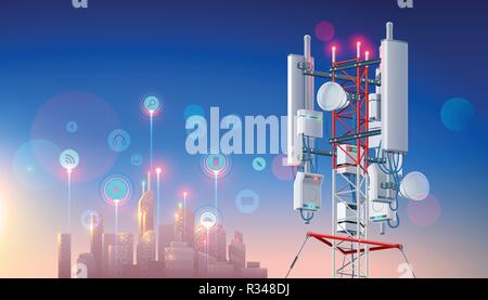 Antenna for wireless network. Telecommunication cellular station for smart city connections mobile equipment. Broadcasting tower for high speed internet communication. Mast Lte aerial. Tech background Stock Vector