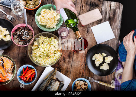 table for dinner Thanksgiving . Various dishes in a homely atmosphere on the table for dinner Thanksgiving or Christmas Day Stock Photo