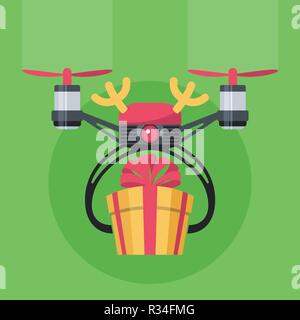 Drone with deer horns and red ball as deer nose with gift box with bow. Drone delivery present. Modern delivery of gifts for Christmas or New Year. Co Stock Vector