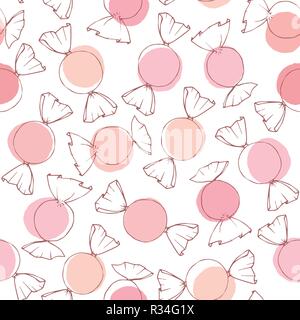 Hand drawn vector candy outline with pink and peach circles seamless pattern on the white background. Valentine’s Day holiday decoration in pastel col Stock Vector