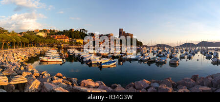 Sunset, port of Lerici. Boats and little village. Tourist destination in Liguria Stock Photo