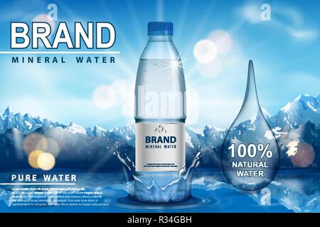 Pure sparkling water ad, plastic bottle with splash on snow with mountain  background. Transparent Drinking water liquid Bottle design. 3d vector  Stock Vector Image & Art - Alamy