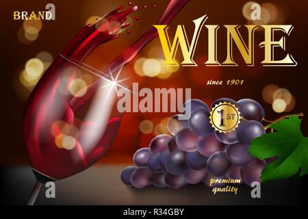 Wine advertising banner, glass bottle with grape on red background with golden text. Transparent wine glass with splash for restaurant design. 3d Stock Vector