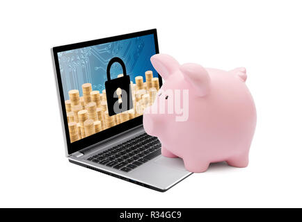 Banking protection concept. Piggy bank with computer security system on laptop. Stock Photo