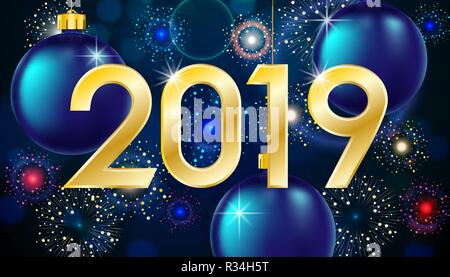 Merry christmas and happy new year 2019 greeting card. Winter banner with gold text, shiny bauble balls and firework. Vector illustration Stock Vector