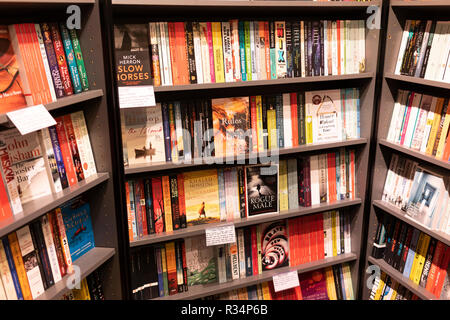 Paperback novels on bookcases in a Waterstones bookshop on Winchester High Street, Hampshire, England Stock Photo