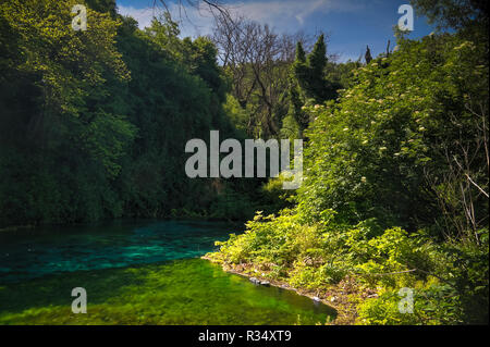 View to Blue Eye spring, initial water source of Bistrice river,near Muzine in Vlore County in southern Albania. Stock Photo