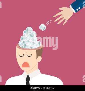 Hand throwing crumpled paper in businessman head. Unnecessary information concept vector illustration Stock Vector