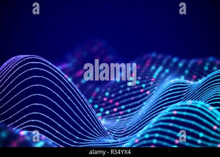 3D Sound waves with colored dots. Big data abstract visualization. Stock Vector