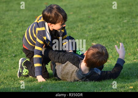 Pre teen young boys fighting Stock Photo